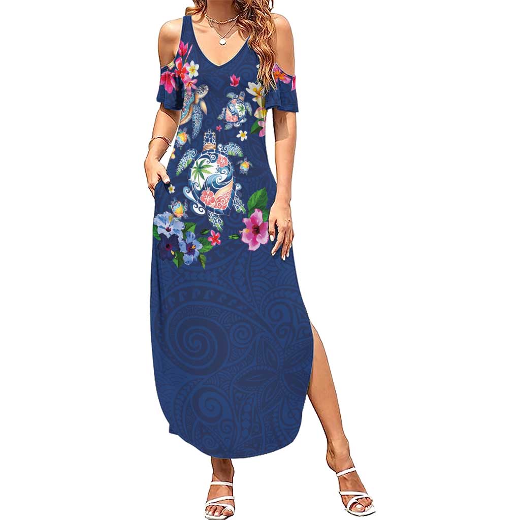 Hawaiian Turtles and Tropical Plants Summer Maxi Dress Blue Watercolor