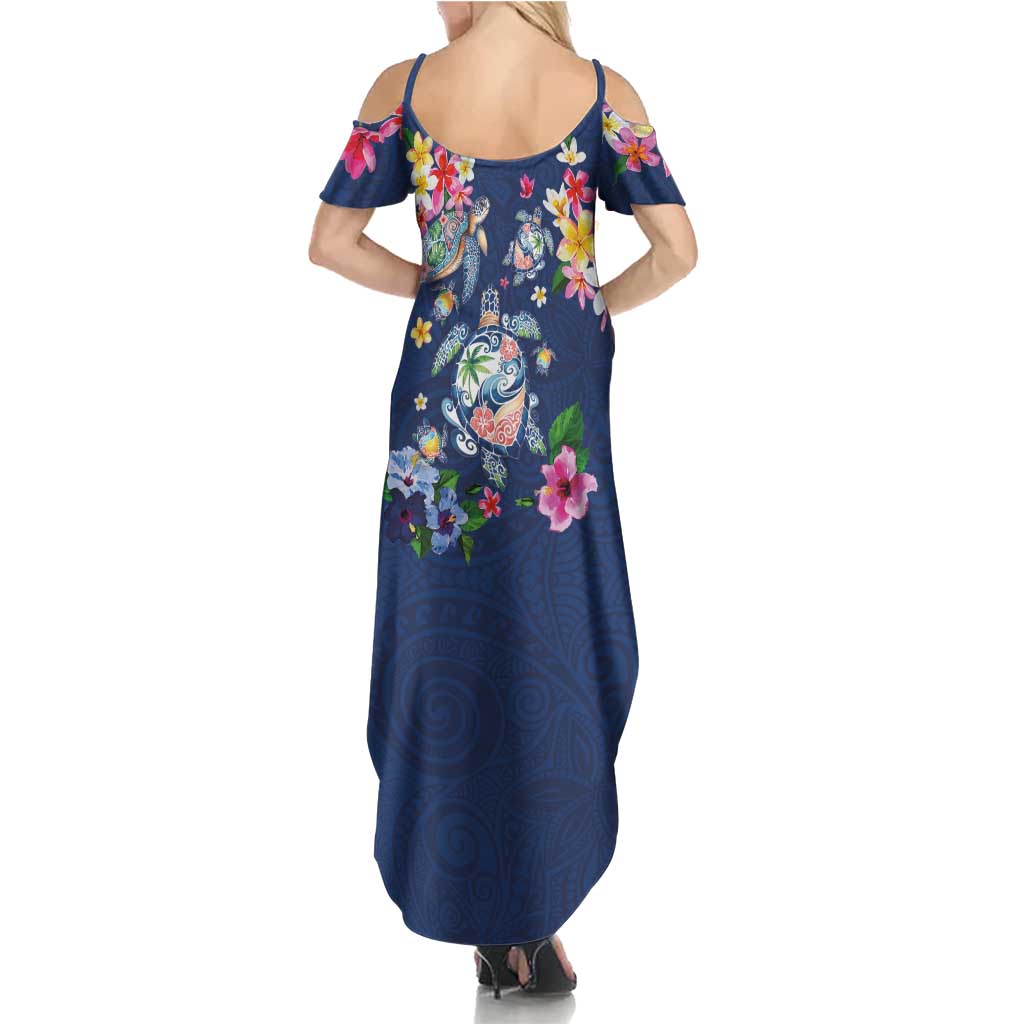 Hawaiian Turtles and Tropical Plants Summer Maxi Dress Blue Watercolor
