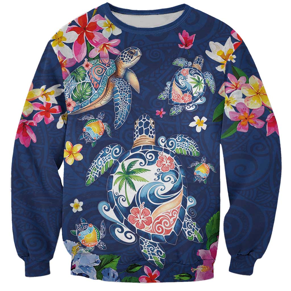 Hawaiian Turtles and Tropical Plants Sweatshirt Blue Watercolor