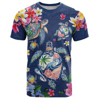 Hawaiian Turtles and Tropical Plants T Shirt Blue Watercolor