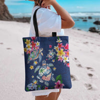 Hawaiian Turtles and Tropical Plants Tote Bag Blue Watercolor