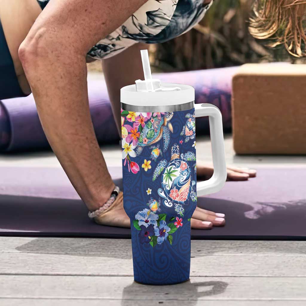 Hawaiian Turtles and Tropical Plants Tumbler With Handle Blue Watercolor