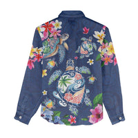Hawaiian Turtles and Tropical Plants Women Casual Shirt Blue Watercolor