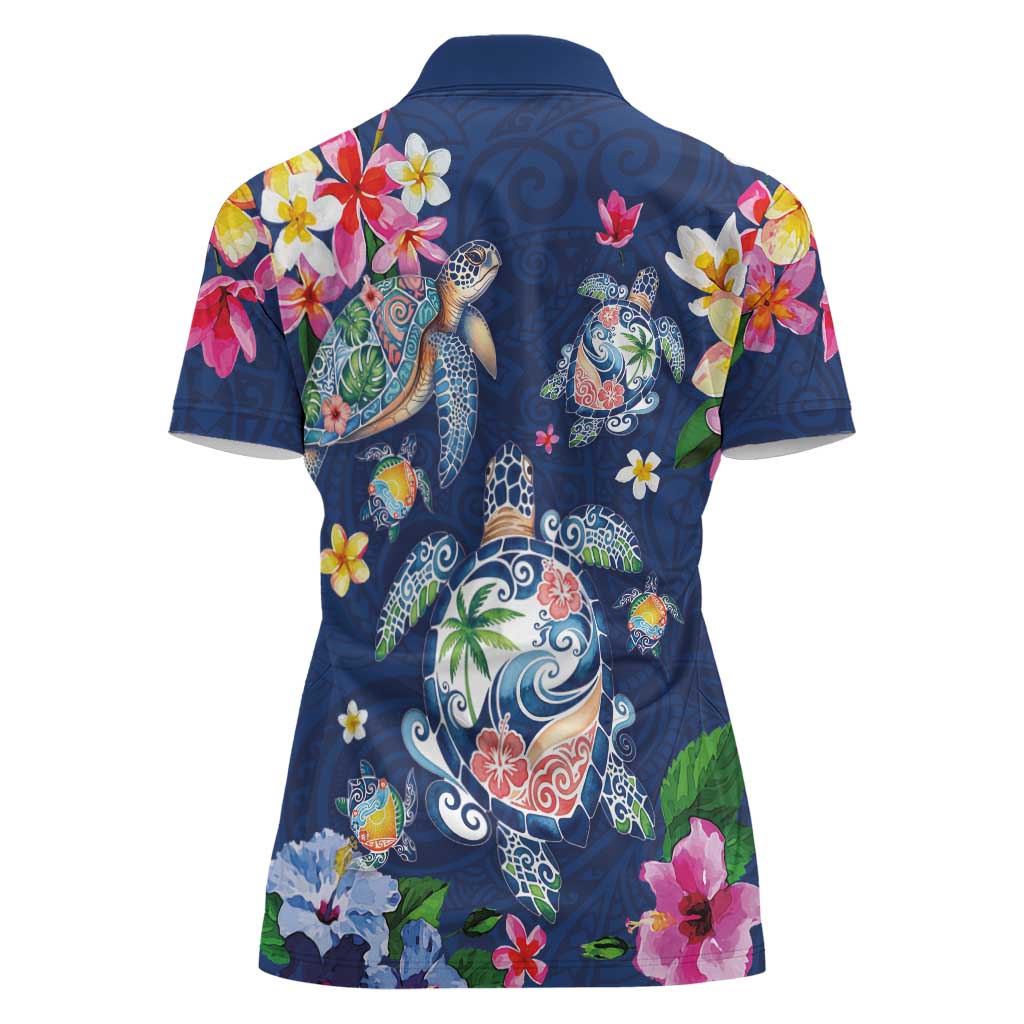 Hawaiian Turtles and Tropical Plants Women Polo Shirt Blue Watercolor