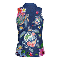 Hawaiian Turtles and Tropical Plants Women Sleeveless Polo Shirt Blue Watercolor LT03 - Polynesian Pride