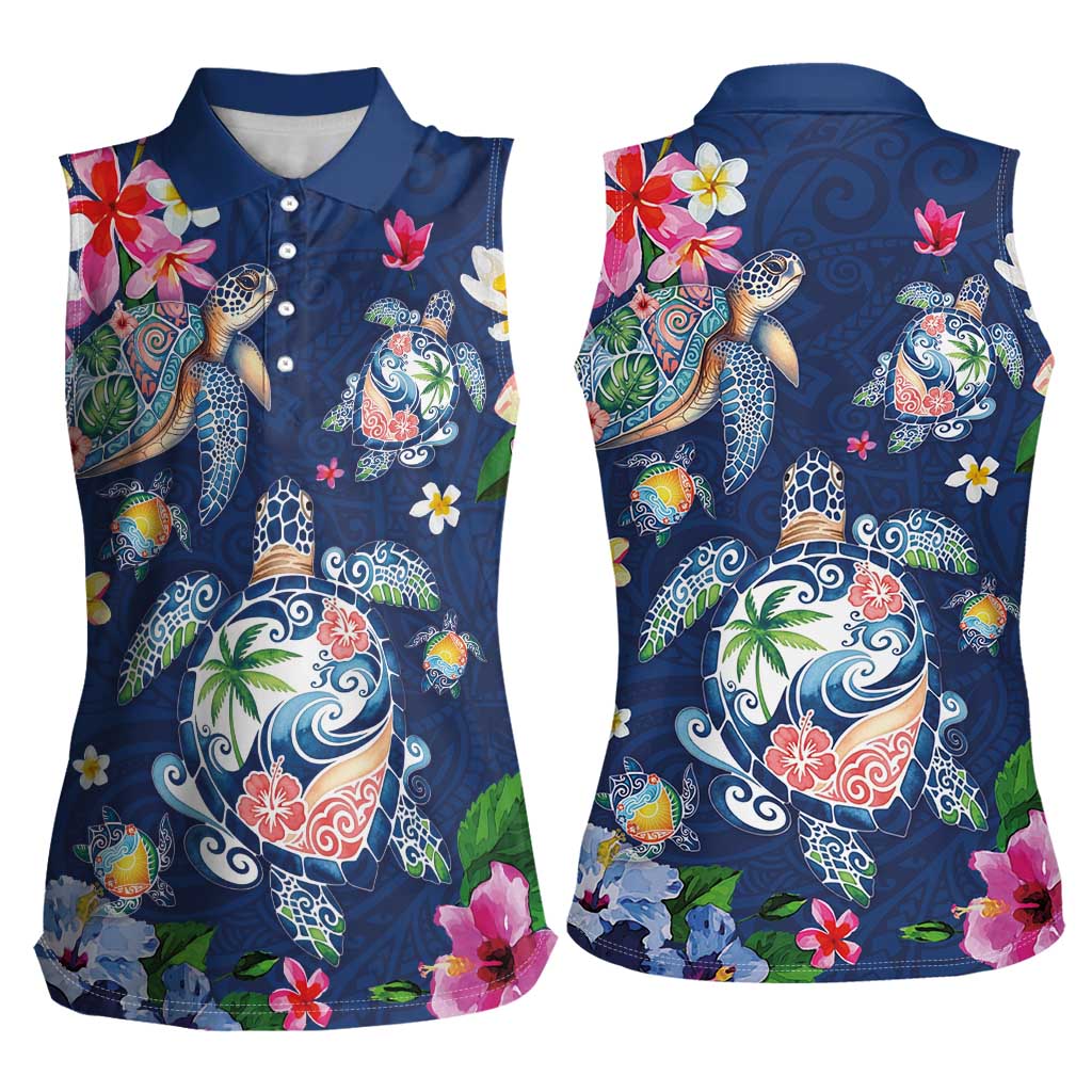 Hawaiian Turtles and Tropical Plants Women Sleeveless Polo Shirt Blue Watercolor LT03 - Polynesian Pride