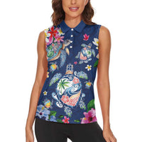 Hawaiian Turtles and Tropical Plants Women Sleeveless Polo Shirt Blue Watercolor LT03 - Polynesian Pride