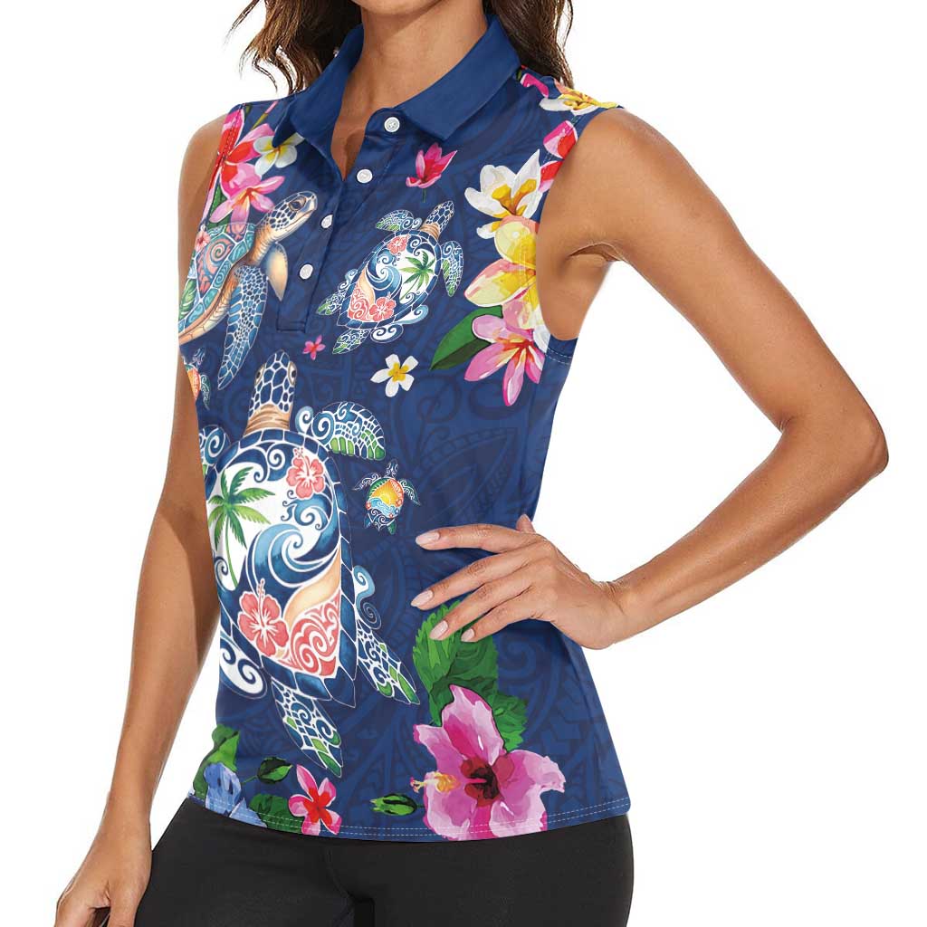 Hawaiian Turtles and Tropical Plants Women Sleeveless Polo Shirt Blue Watercolor LT03 - Polynesian Pride