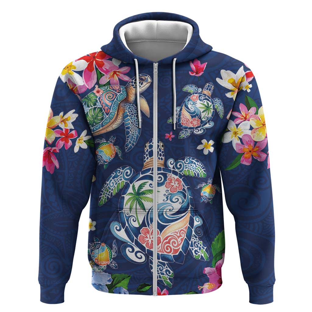 Hawaiian Turtles and Tropical Plants Zip Hoodie Blue Watercolor