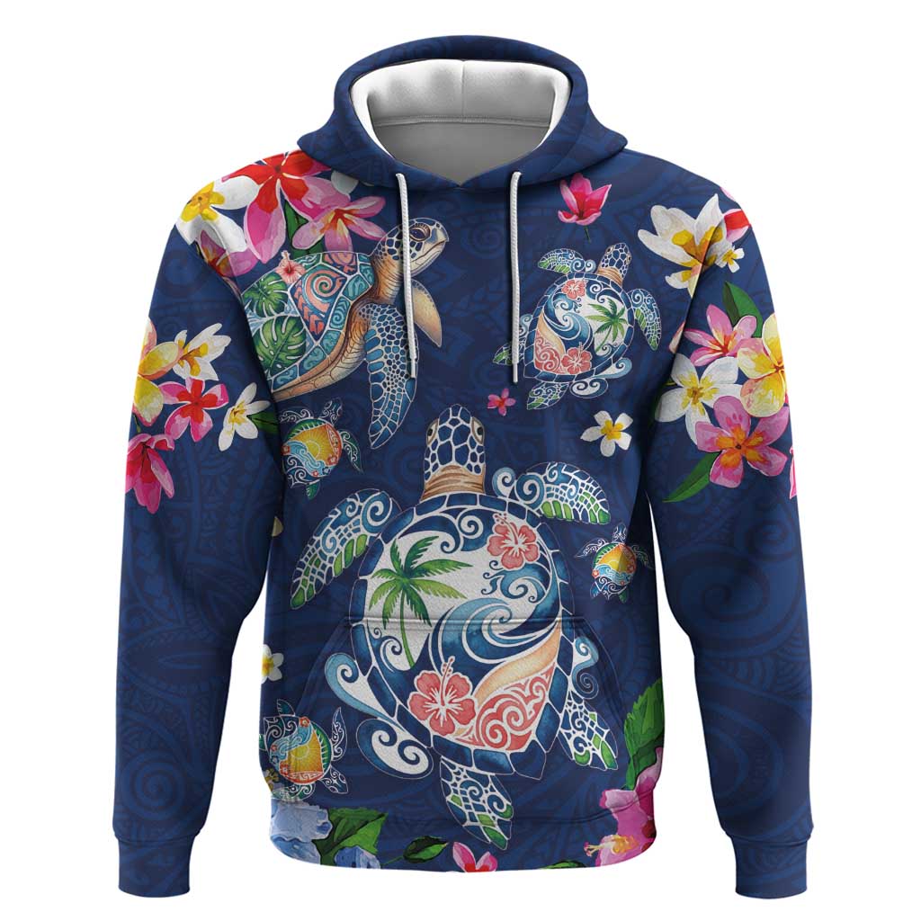 Hawaiian Turtles and Tropical Plants Zip Hoodie Blue Watercolor