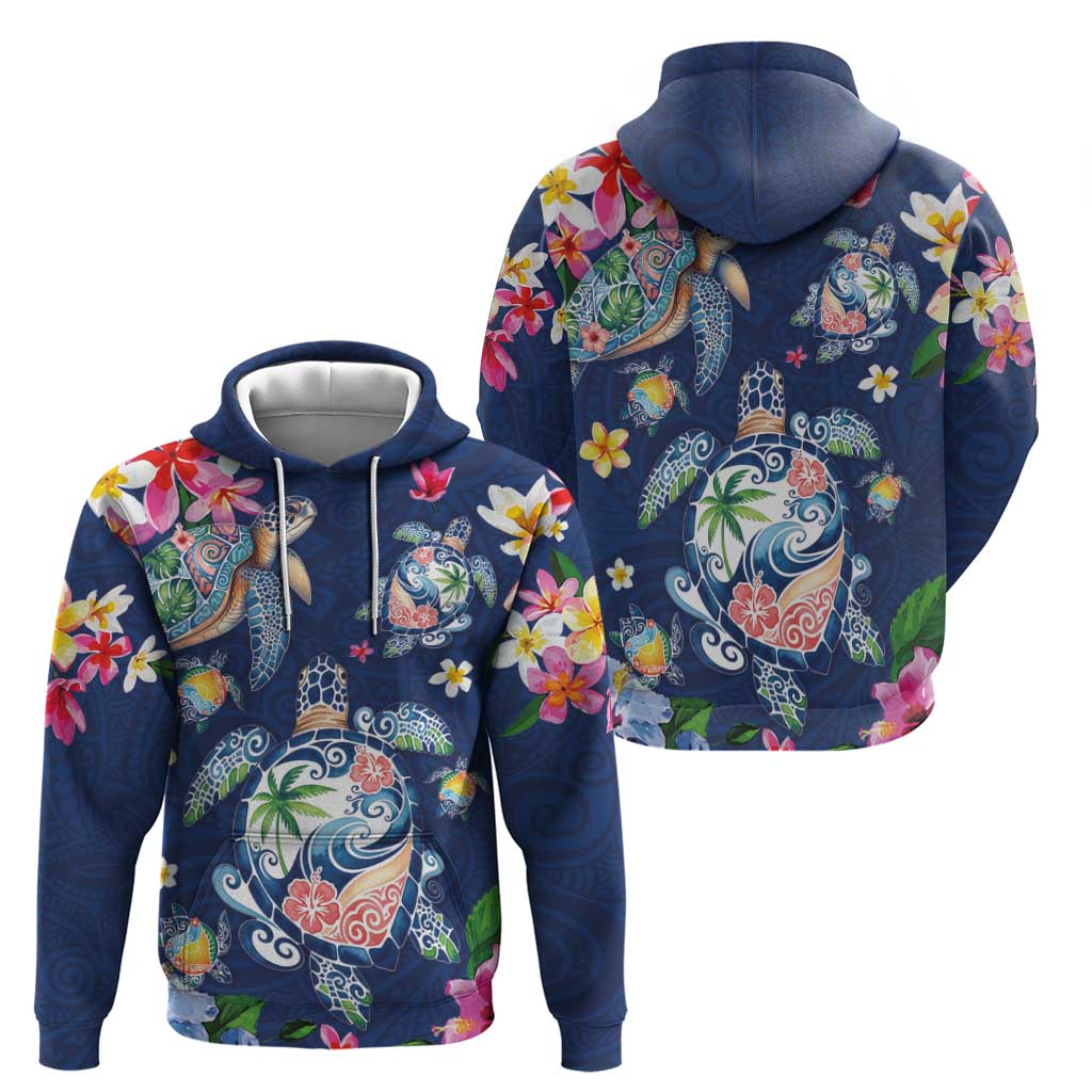 Hawaiian Turtles and Tropical Plants Zip Hoodie Blue Watercolor