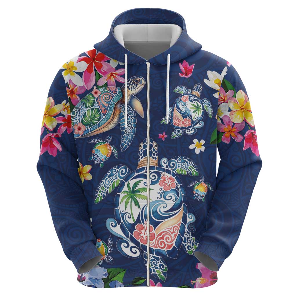 Hawaiian Turtles and Tropical Plants Zip Hoodie Blue Watercolor