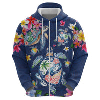 Hawaiian Turtles and Tropical Plants Zip Hoodie Blue Watercolor