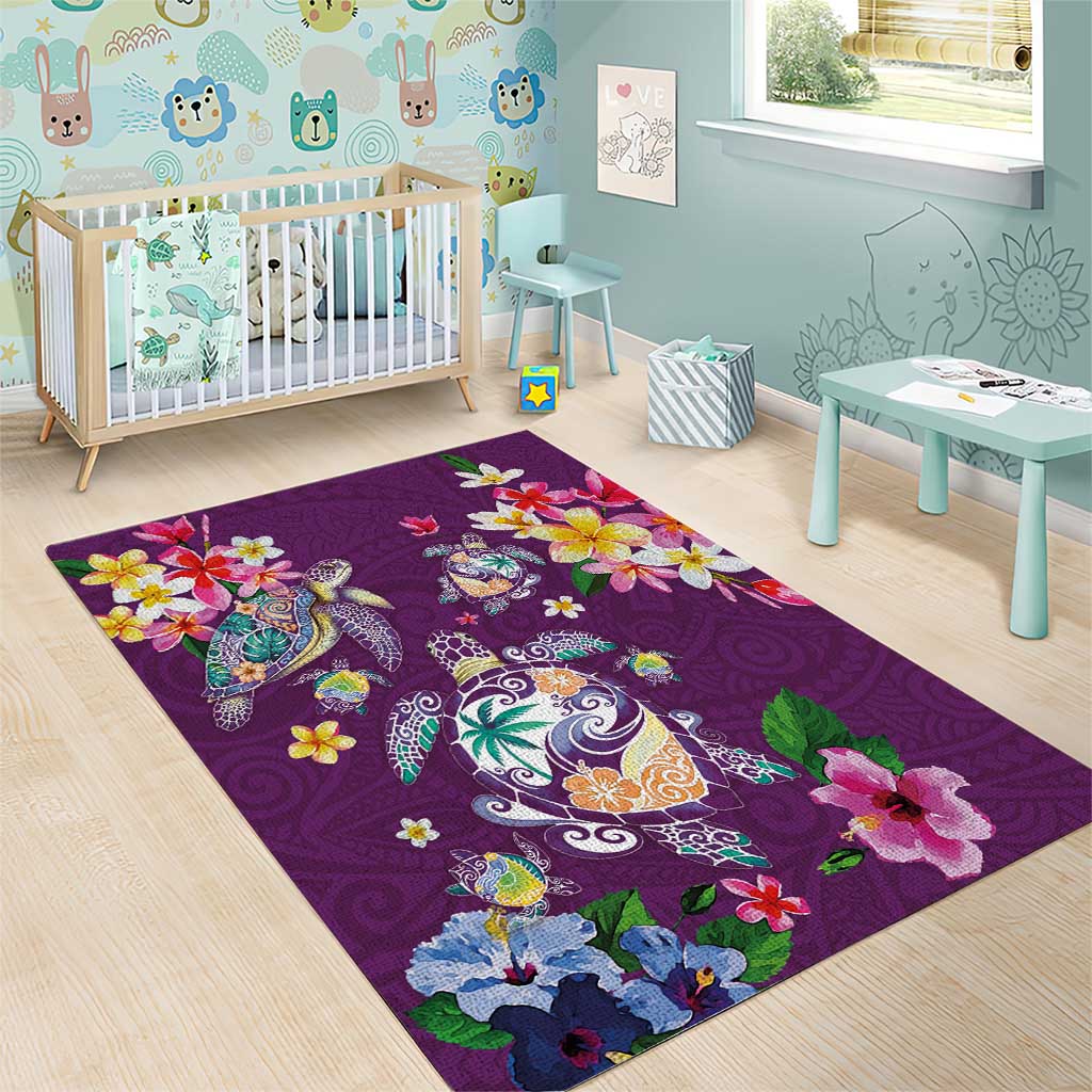 Hawaiian Turtles and Tropical Plants Area Rug Purple Watercolor