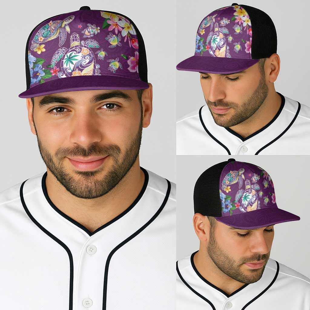 Hawaiian Turtles and Tropical Plants Baseball Net Cap Purple Watercolor