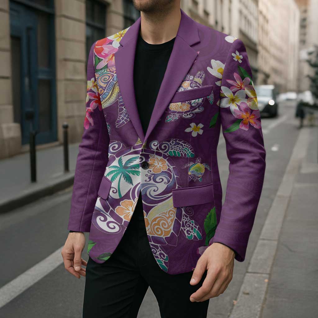 Hawaiian Turtles and Tropical Plants Blazer Purple Watercolor