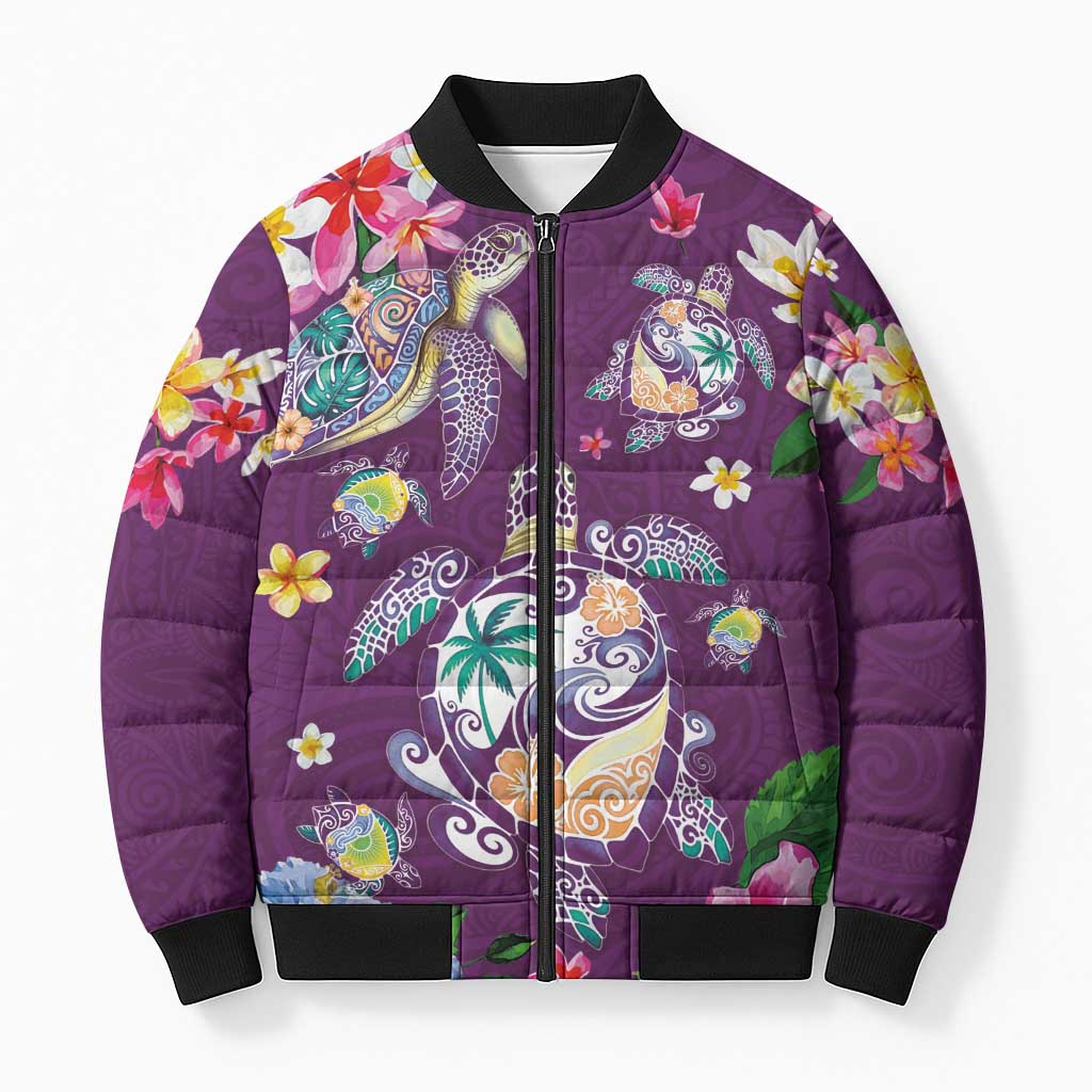 Hawaiian Turtles and Tropical Plants Bomber Puffer Jacket Purple Watercolor