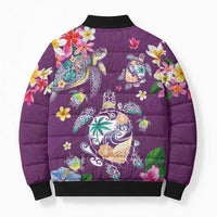 Hawaiian Turtles and Tropical Plants Bomber Puffer Jacket Purple Watercolor