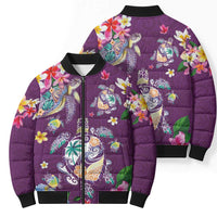 Hawaiian Turtles and Tropical Plants Bomber Puffer Jacket Purple Watercolor