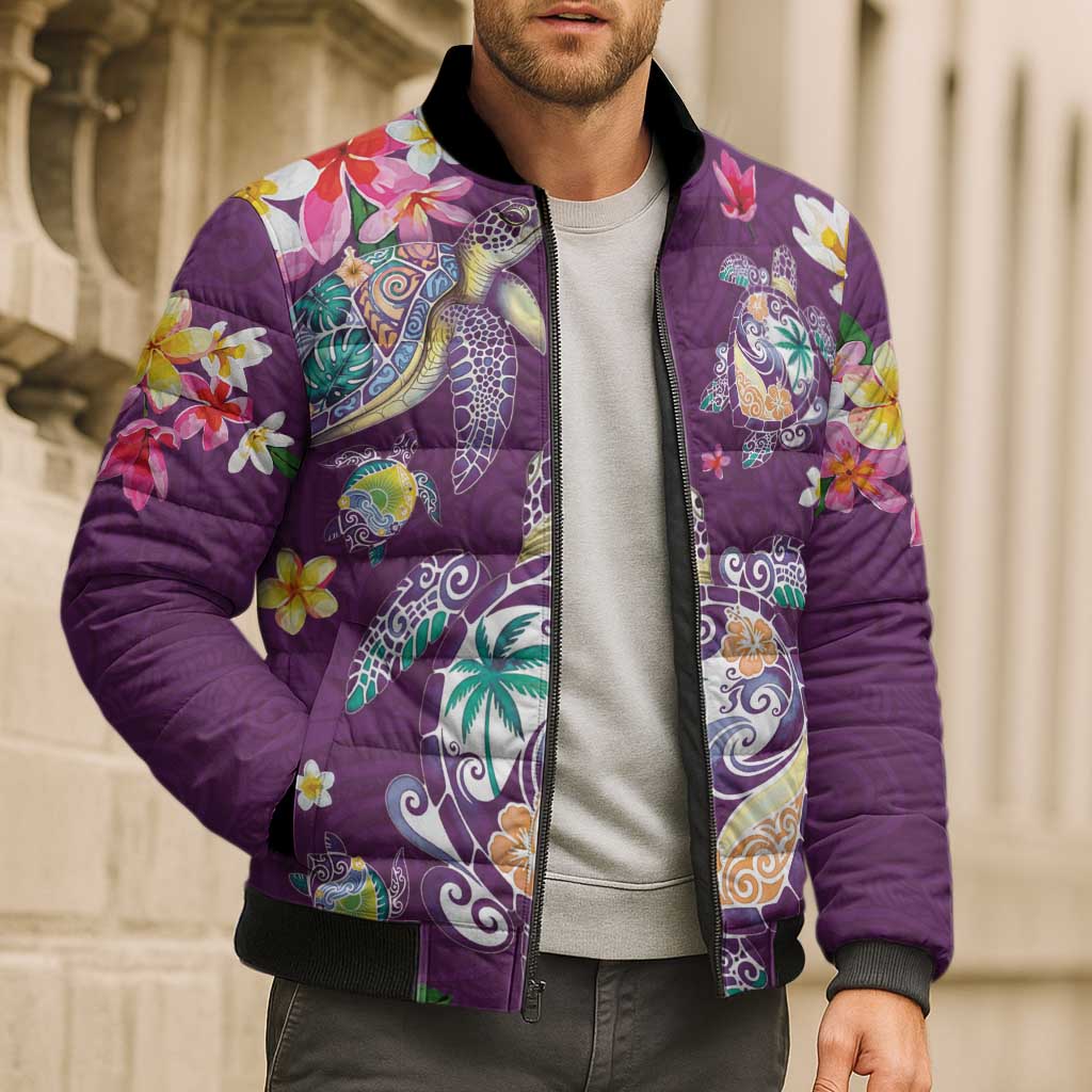 Hawaiian Turtles and Tropical Plants Bomber Puffer Jacket Purple Watercolor
