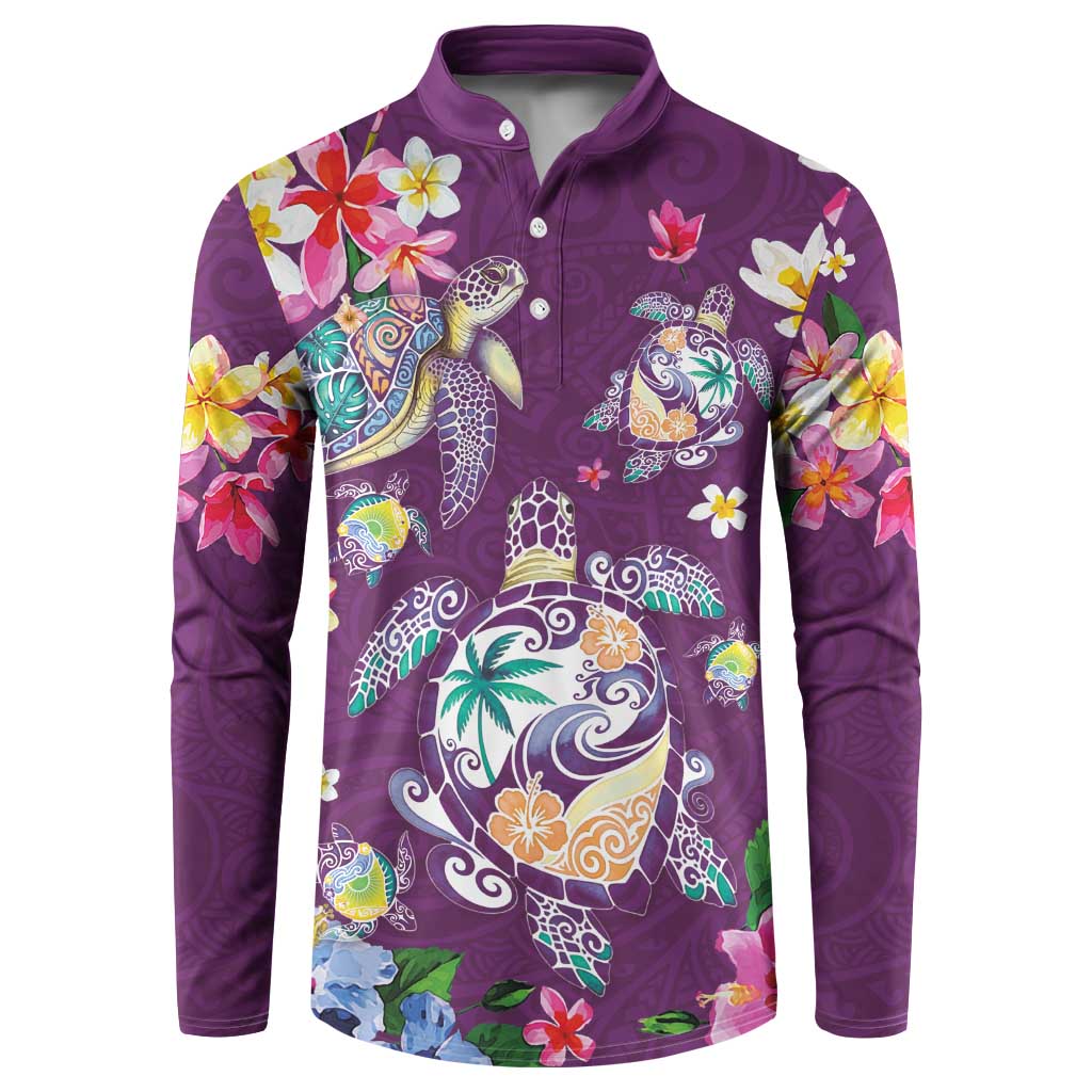 Hawaiian Turtles and Tropical Plants Button Sweatshirt Purple Watercolor