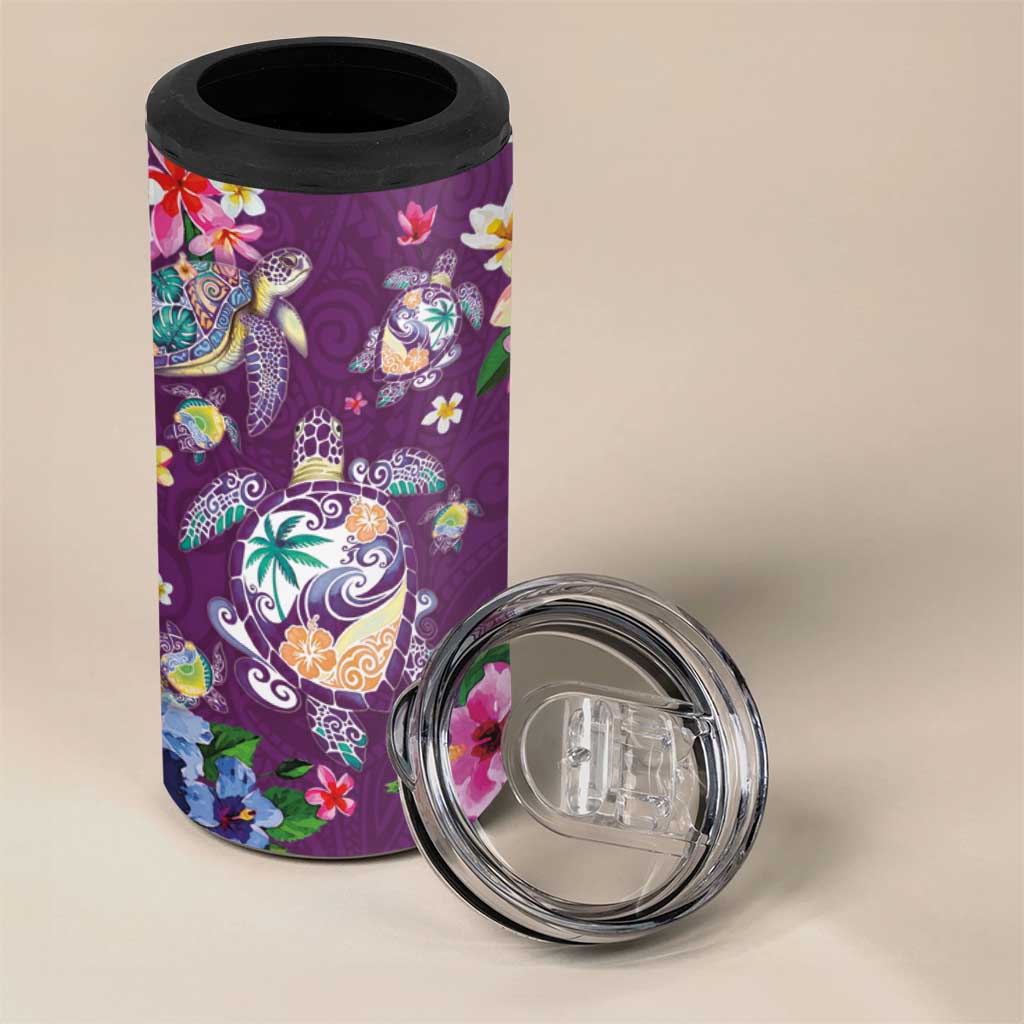 Hawaiian Turtles and Tropical Plants 4 in 1 Can Cooler Tumbler Purple Watercolor LT03 - Polynesian Pride