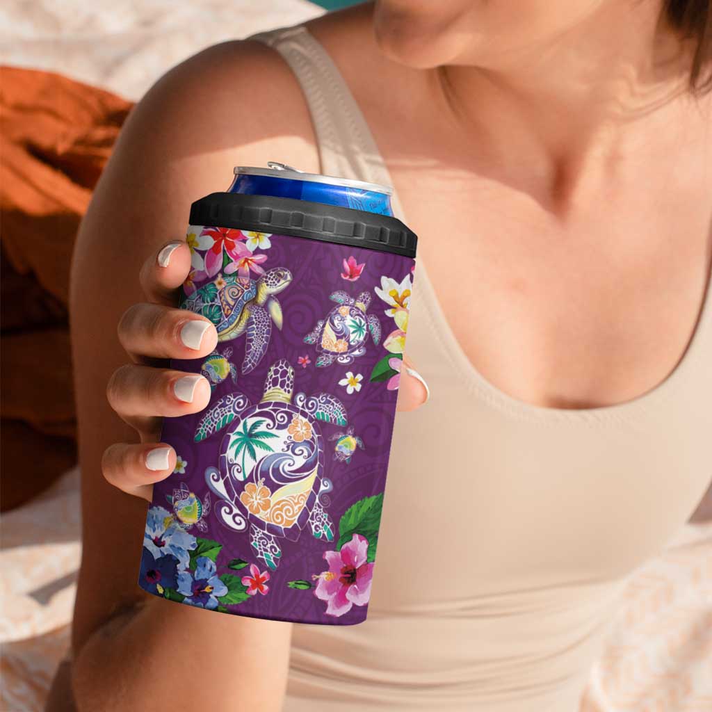 Hawaiian Turtles and Tropical Plants 4 in 1 Can Cooler Tumbler Purple Watercolor LT03 - Polynesian Pride