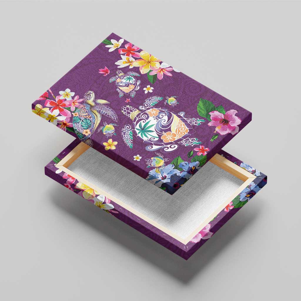 Hawaiian Turtles and Tropical Plants Canvas Wall Art Purple Watercolor