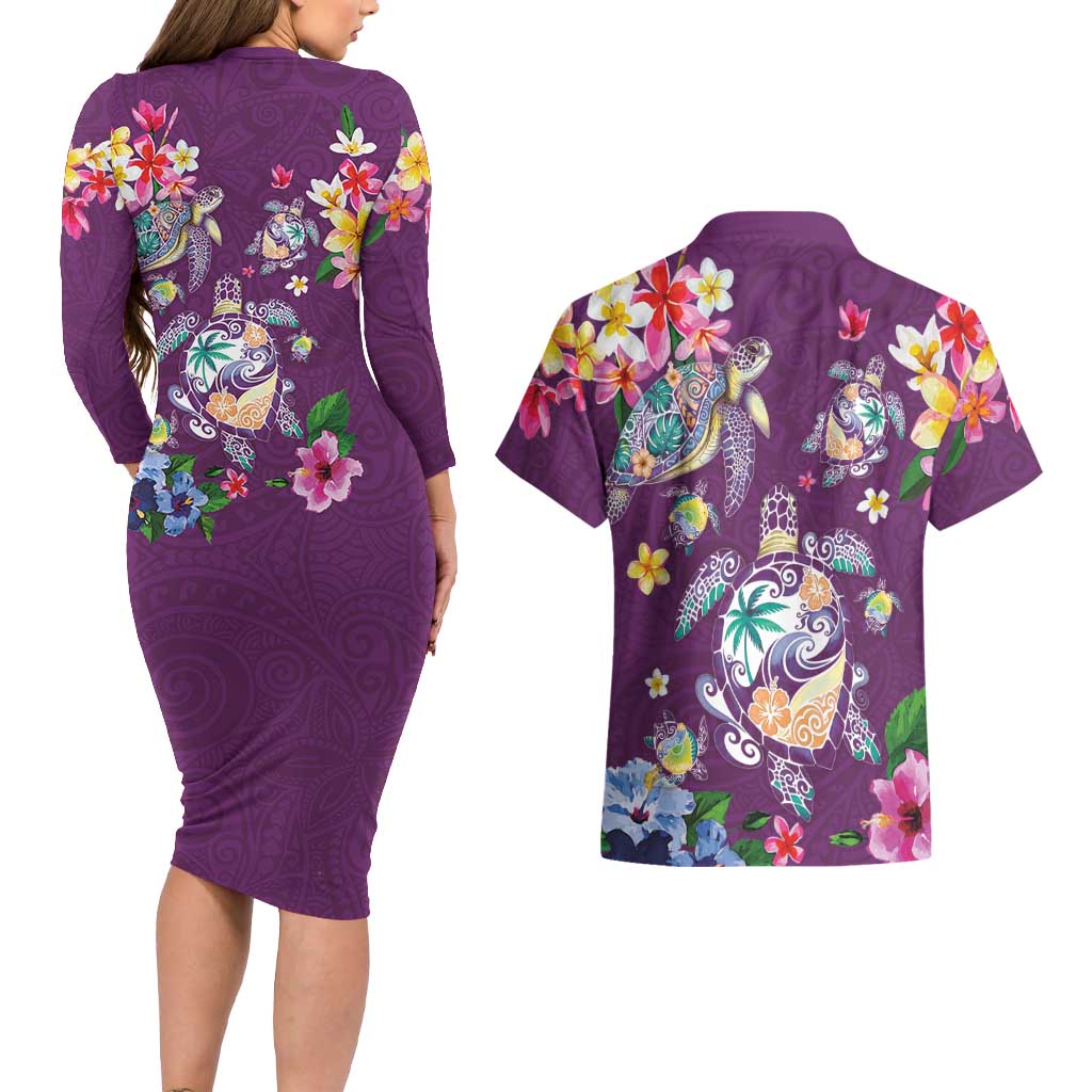 Hawaiian Turtles and Tropical Plants Couples Matching Long Sleeve Bodycon Dress and Hawaiian Shirt Purple Watercolor LT03 - Polynesian Pride