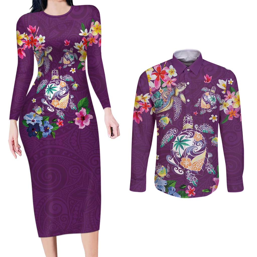 Hawaiian Turtles and Tropical Plants Couples Matching Long Sleeve Bodycon Dress and Long Sleeve Button Shirt Purple Watercolor LT03 Purple - Polynesian Pride