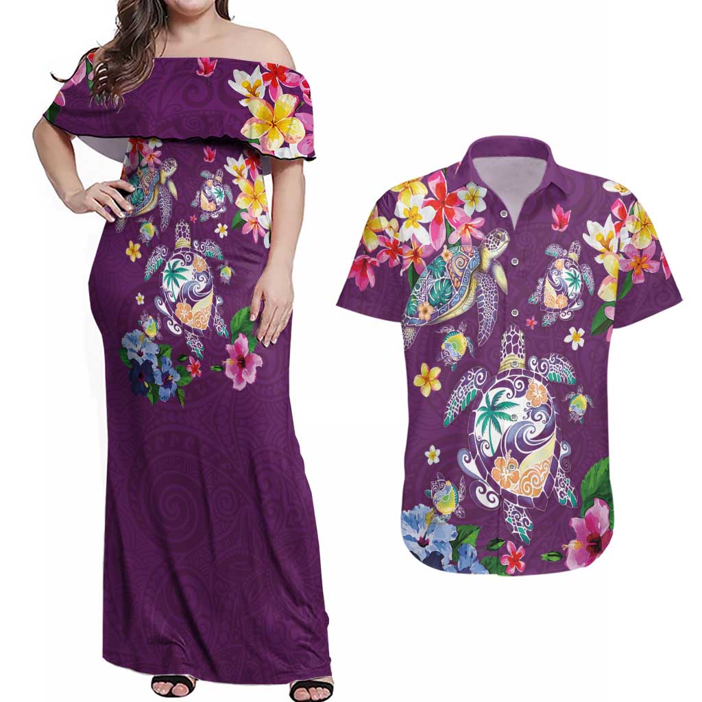 Hawaiian Turtles and Tropical Plants Couples Matching Off Shoulder Maxi Dress and Hawaiian Shirt Purple Watercolor