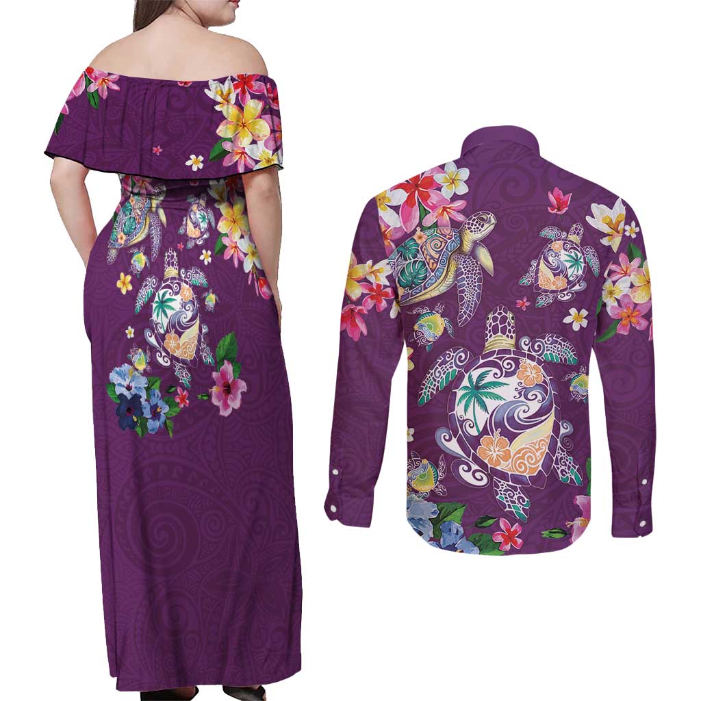 Hawaiian Turtles and Tropical Plants Couples Matching Off Shoulder Maxi Dress and Long Sleeve Button Shirt Purple Watercolor LT03 - Polynesian Pride