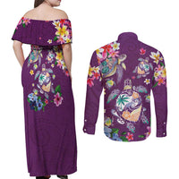Hawaiian Turtles and Tropical Plants Couples Matching Off Shoulder Maxi Dress and Long Sleeve Button Shirt Purple Watercolor LT03 - Polynesian Pride