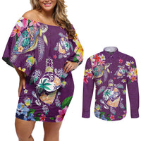 Hawaiian Turtles and Tropical Plants Couples Matching Off Shoulder Short Dress and Long Sleeve Button Shirt Purple Watercolor LT03 Purple - Polynesian Pride