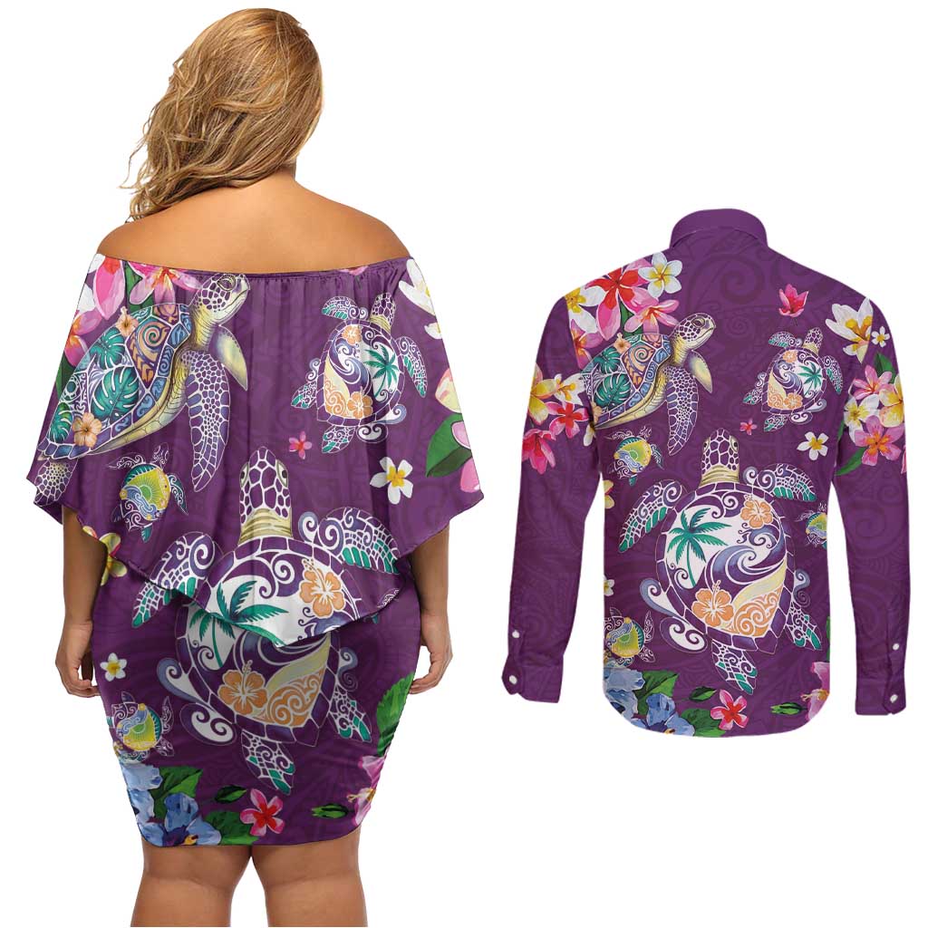 Hawaiian Turtles and Tropical Plants Couples Matching Off Shoulder Short Dress and Long Sleeve Button Shirt Purple Watercolor LT03 - Polynesian Pride