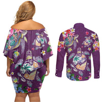 Hawaiian Turtles and Tropical Plants Couples Matching Off Shoulder Short Dress and Long Sleeve Button Shirt Purple Watercolor LT03 - Polynesian Pride