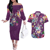 Hawaiian Turtles and Tropical Plants Couples Matching Off The Shoulder Long Sleeve Dress and Hawaiian Shirt Purple Watercolor LT03 Purple - Polynesian Pride