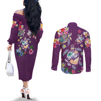 Hawaiian Turtles and Tropical Plants Couples Matching Off The Shoulder Long Sleeve Dress and Long Sleeve Button Shirt Purple Watercolor LT03 - Polynesian Pride