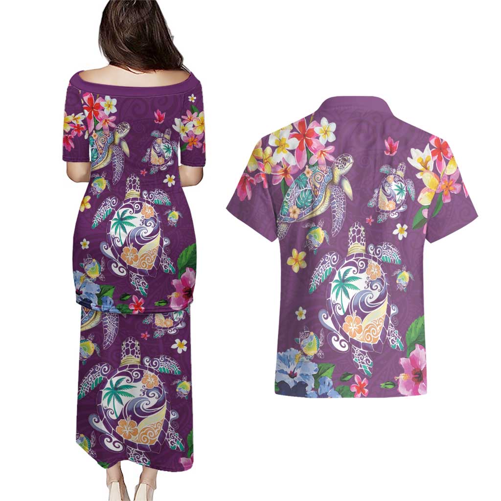 Hawaiian Turtles and Tropical Plants Couples Matching Puletasi and Hawaiian Shirt Purple Watercolor LT03 - Polynesian Pride