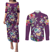 Hawaiian Turtles and Tropical Plants Couples Matching Puletasi and Long Sleeve Button Shirt Purple Watercolor LT03 Purple - Polynesian Pride