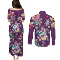 Hawaiian Turtles and Tropical Plants Couples Matching Puletasi and Long Sleeve Button Shirt Purple Watercolor LT03 - Polynesian Pride