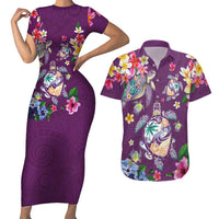 Hawaiian Turtles and Tropical Plants Couples Matching Short Sleeve Bodycon Dress and Hawaiian Shirt Purple Watercolor LT03 Purple - Polynesian Pride