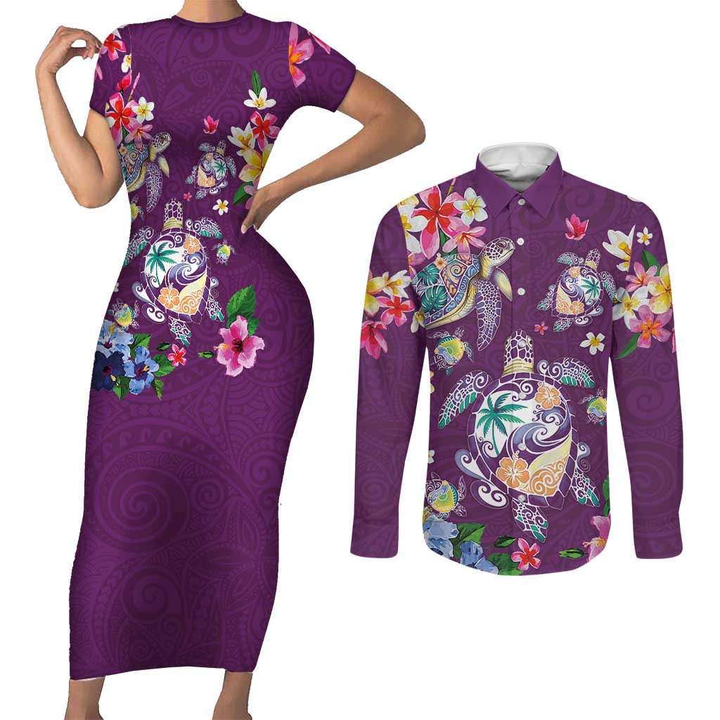 Hawaiian Turtles and Tropical Plants Couples Matching Short Sleeve Bodycon Dress and Long Sleeve Button Shirt Purple Watercolor LT03 Purple - Polynesian Pride