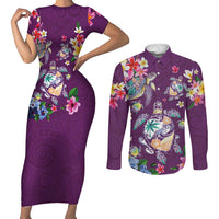 Hawaiian Turtles and Tropical Plants Couples Matching Short Sleeve Bodycon Dress and Long Sleeve Button Shirt Purple Watercolor LT03 Purple - Polynesian Pride