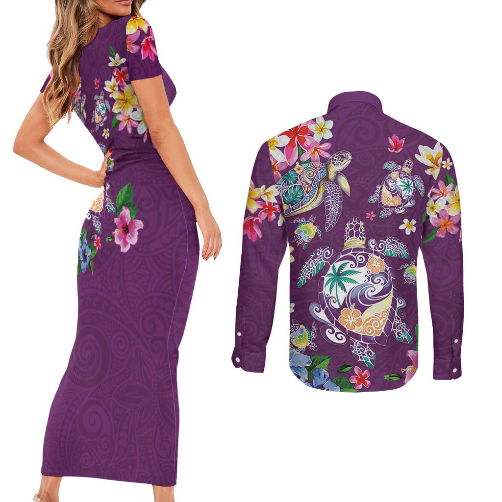 Hawaiian Turtles and Tropical Plants Couples Matching Short Sleeve Bodycon Dress and Long Sleeve Button Shirt Purple Watercolor LT03 - Polynesian Pride