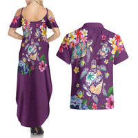 Hawaiian Turtles and Tropical Plants Couples Matching Summer Maxi Dress and Hawaiian Shirt Purple Watercolor LT03 - Polynesian Pride
