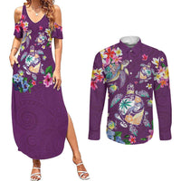 Hawaiian Turtles and Tropical Plants Couples Matching Summer Maxi Dress and Long Sleeve Button Shirt Purple Watercolor LT03 Purple - Polynesian Pride