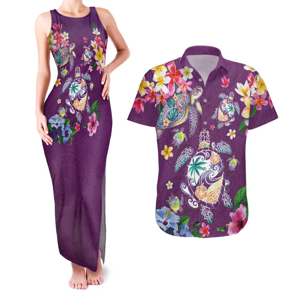 Hawaiian Turtles and Tropical Plants Couples Matching Tank Maxi Dress and Hawaiian Shirt Purple Watercolor LT03 Purple - Polynesian Pride