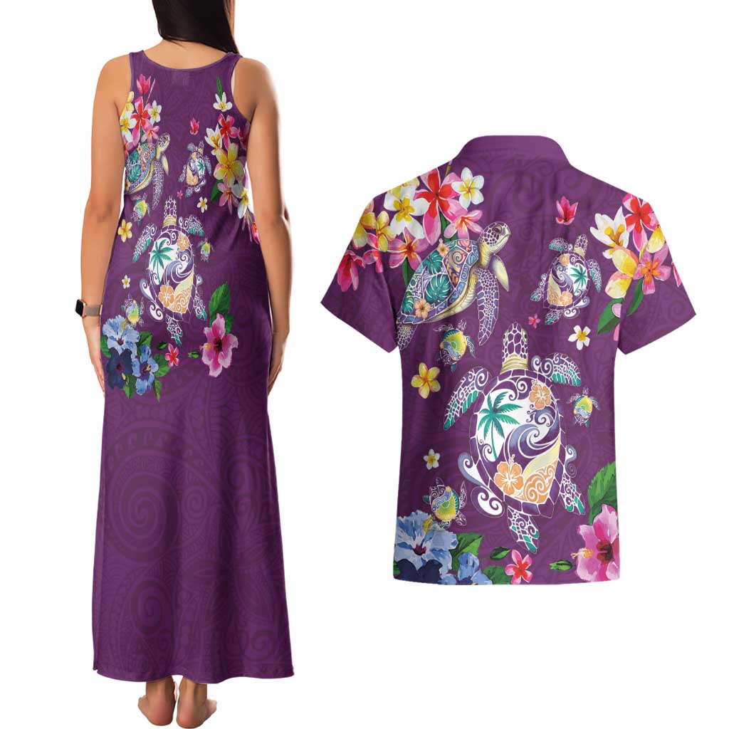 Hawaiian Turtles and Tropical Plants Couples Matching Tank Maxi Dress and Hawaiian Shirt Purple Watercolor LT03 - Polynesian Pride
