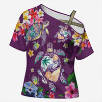 Hawaiian Turtles and Tropical Plants Cross Shoulder Shirt Purple Watercolor